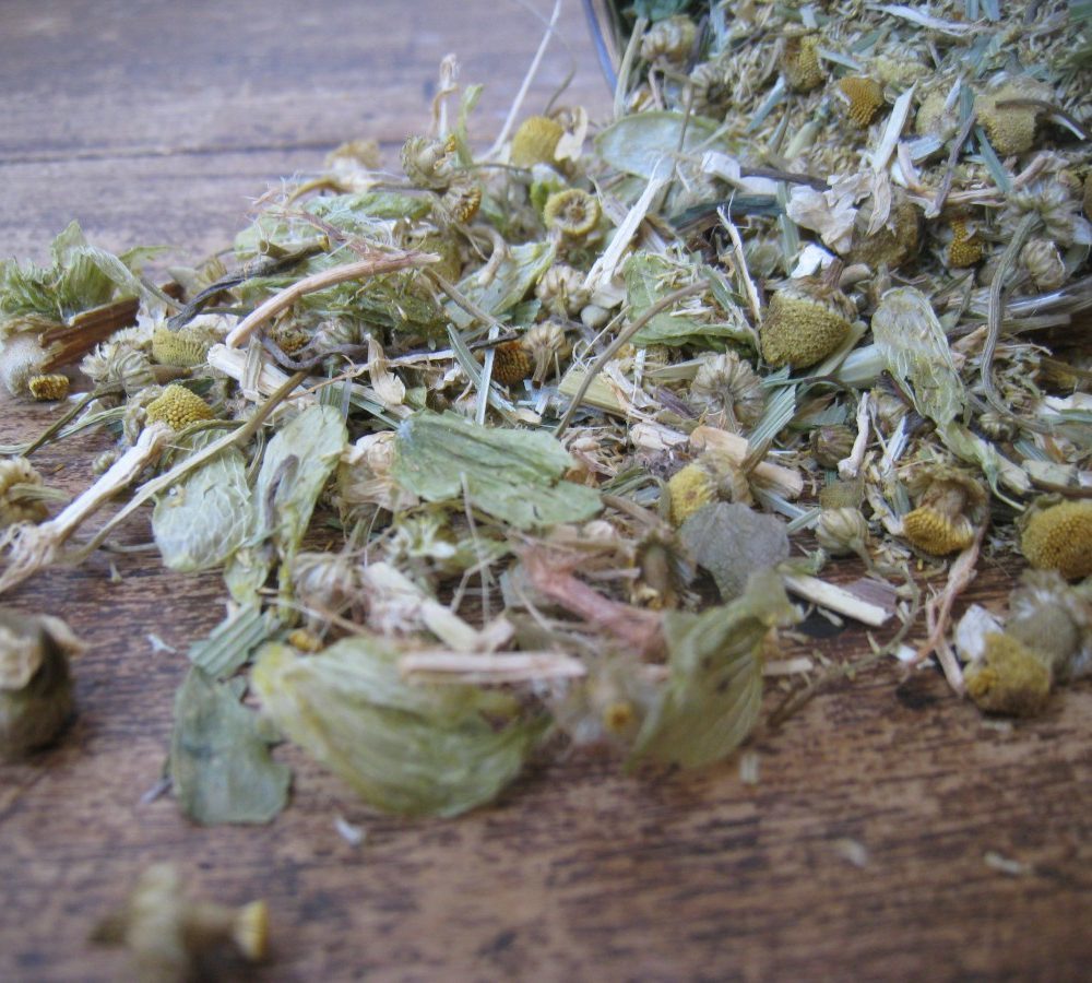 tea-chamomile flowers - lemon balm -catnip -oatstraw - passionflower-hop flowers-valerian root